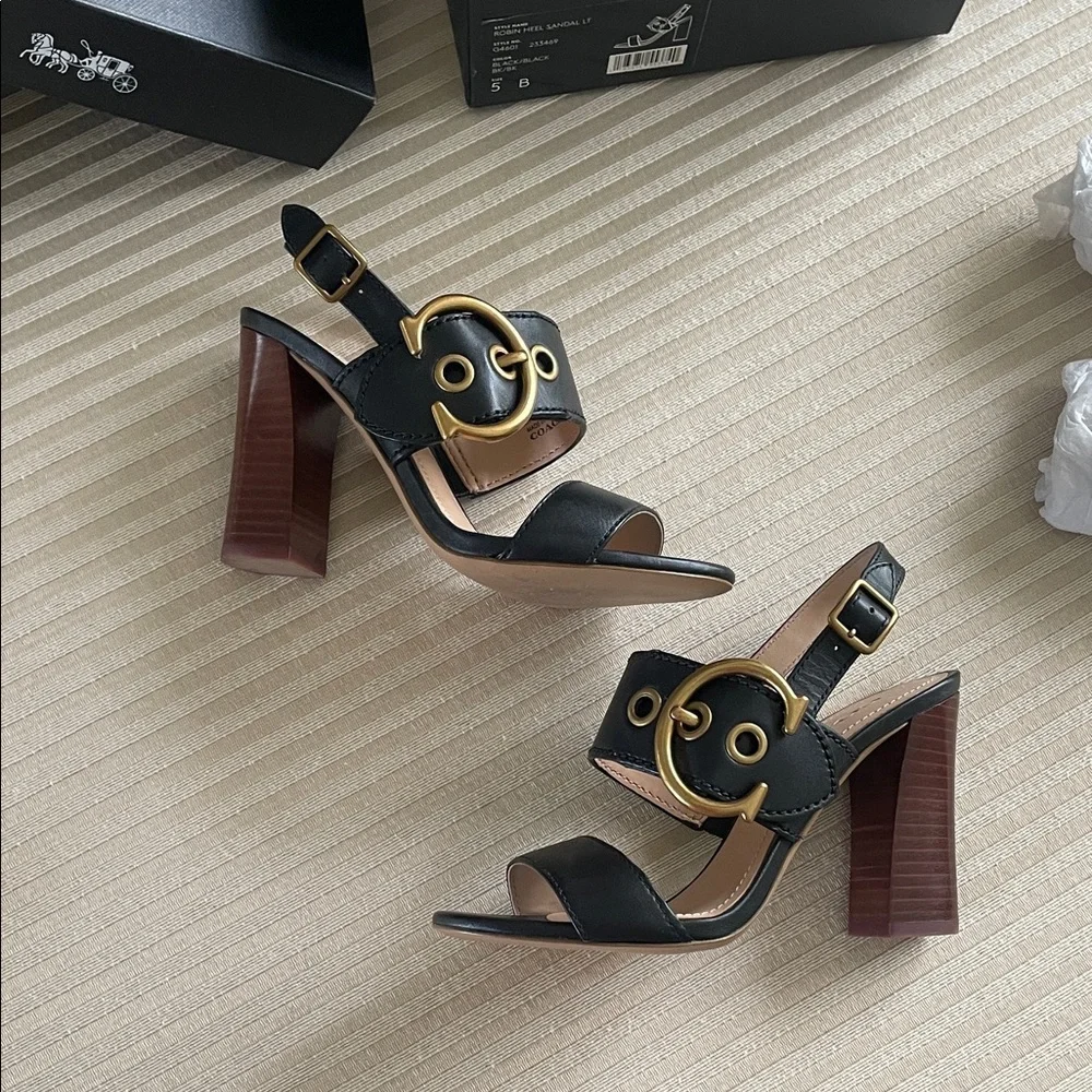 COACH Black Leather Sandal Gold Buckle Robin